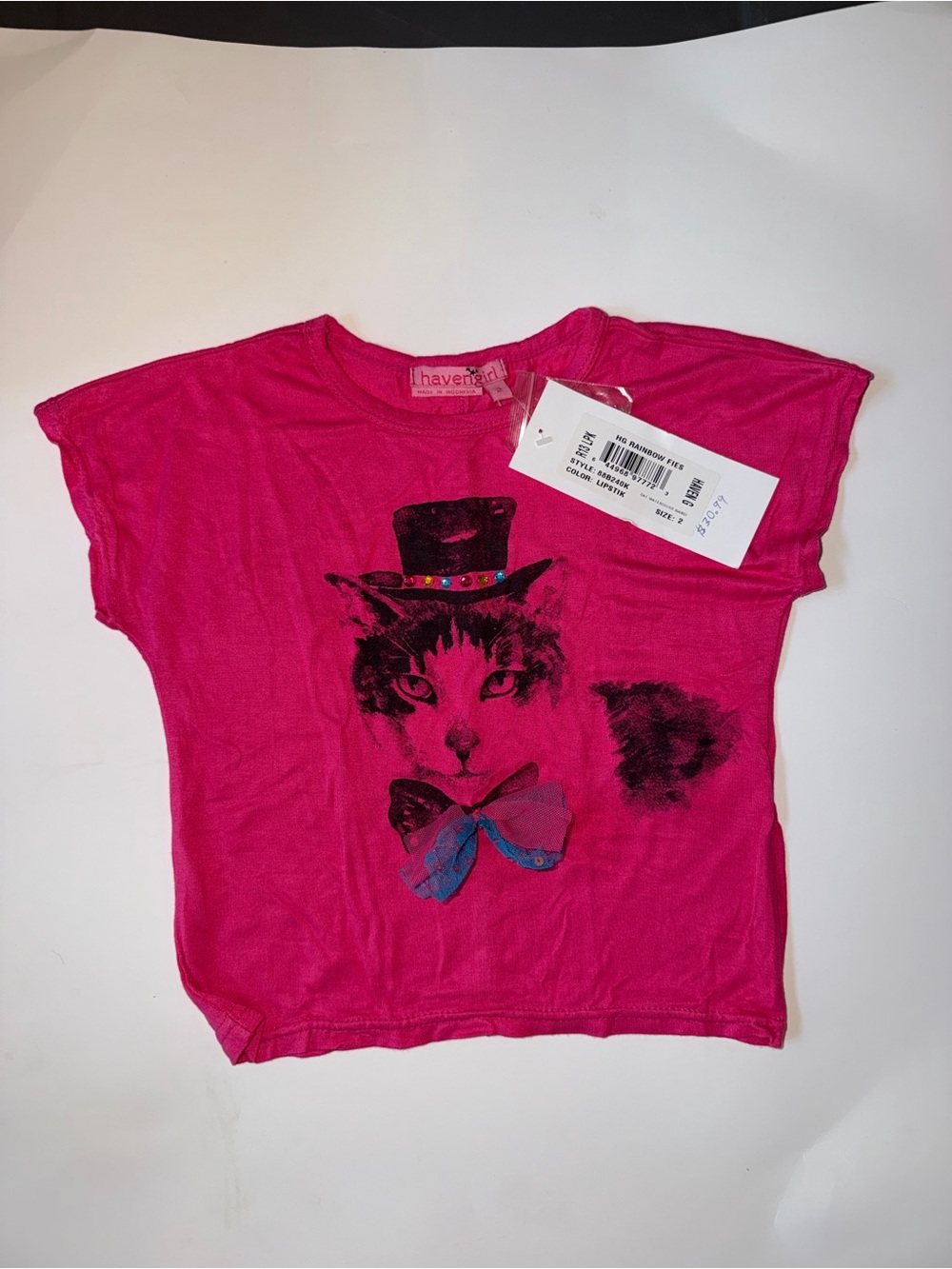 NWT Havengirl Pink Cat Top Hat Rhinestone Bow Tee- Choose Size